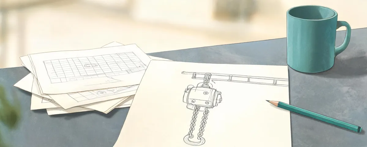 Illustration of a hoist RFQ desk, not a storefront map pin