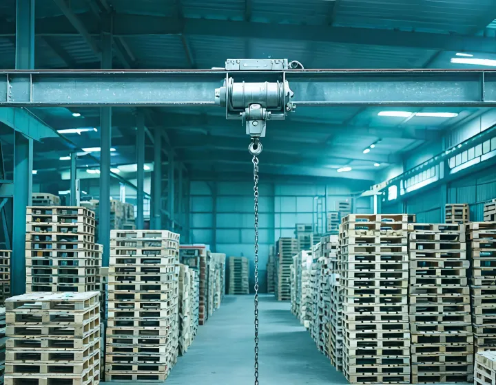 Chain hoist trolley on a warehouse I-beam, illustration only